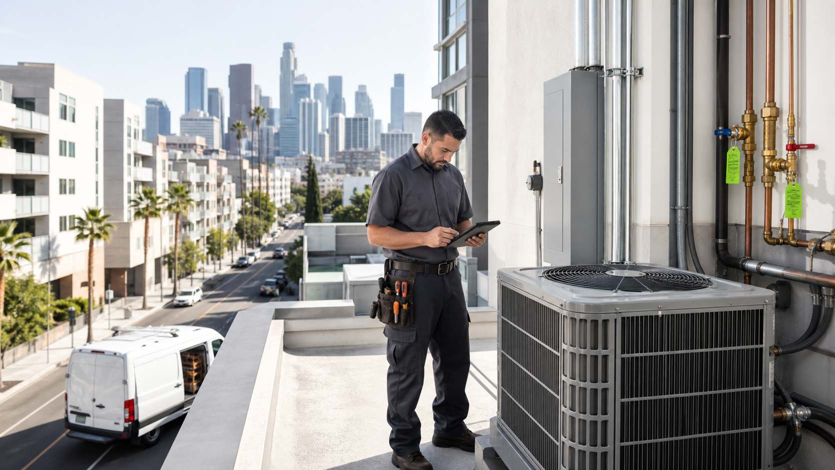Urban Los Angeles home service technician coordinating HVAC electrical and plumbing near a mid-rise building